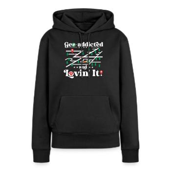 Géo-accro et j’adore ça ! - Sweat à capuche Premium bio Femme - noir - Devant - Julia (174cm)