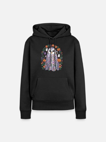 Halloween Eule Mit Blumen Und Kürbissen - Frauen Premium Bio Hoodie - Schwarz