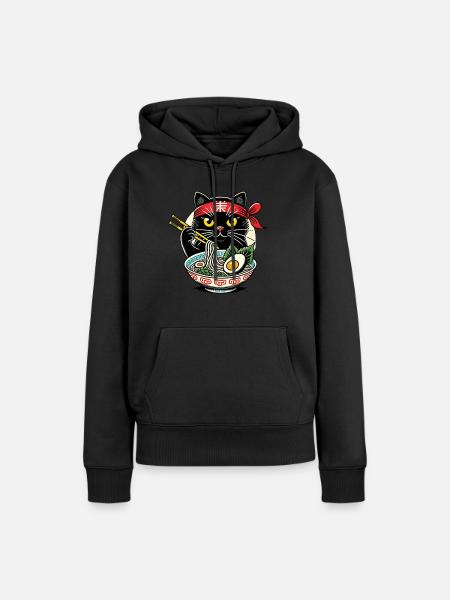 Cat, Ramen, Japanese Noodles, Funny Kawaii - Women’s Premium Organic Hoodie - black