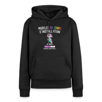 Muscles en Cours - Licorne Cadeau Fitness Humour - Sweat à capuche Premium bio Femme - noir - Devant - Julia (174cm)