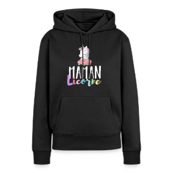 Maman Licorne - Cadeau Anniversaire Maman Licorne - Sweat à capuche Premium bio Femme - noir - Devant - Julia (174cm)
