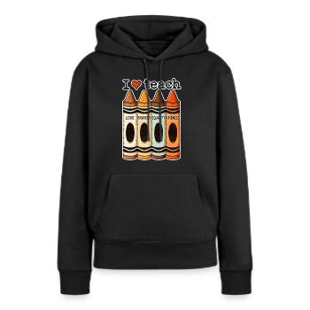 J’aime enseigner Bravoure Égalité Gentillesse Enseignant - Sweat à capuche Premium bio Femme - noir - Devant - Julia (174cm)