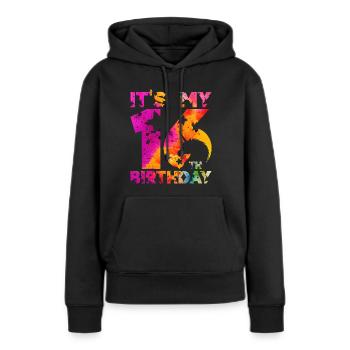 16E ANNIVERSAIRE LICORNE C’EST MON 16E ANNIVERSAIRE - Sweat à capuche Premium bio Femme - noir - Devant - Julia (174cm)