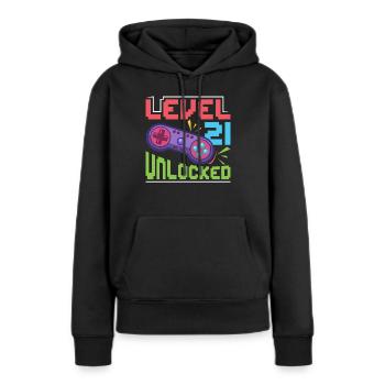 Niveau 21 déverrouillé - Sweat à capuche Premium bio Femme - noir - Devant - Julia (174cm)