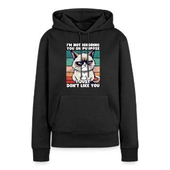Drôle de chat grincheux - Je ne t’aime pas cynique - Sweat à capuche Premium bio Femme - noir - Devant - Julia (174cm)