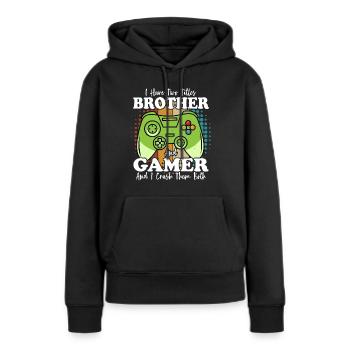 Ich habe zwei Titel: Brother und Gamer und I Crush - Frauen Premium Bio Hoodie - Schwarz - Vorne - Julia (174cm)