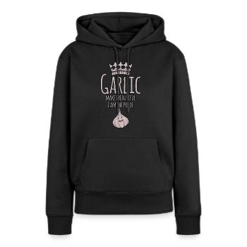 Ail disant gousse d’ail - Sweat à capuche Premium bio Femme - noir - Devant - Julia (174cm)