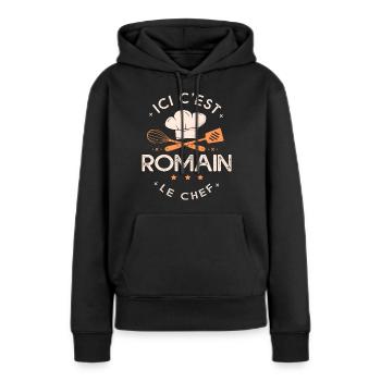 Romain Chef Ici c est romain le chef cuisinier - Sweat à capuche Premium bio Femme - noir - Devant - Julia (174cm)