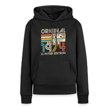 50e anniversaire Vintage juin 1974 Original 1974 - Sweat à capuche Premium bio Femme - noir - Devant - Julia (174cm)