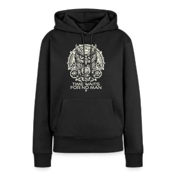 Eulen Uhr: Uhrwerk, Zeit wartet auf niemanden - Frauen Premium Bio Hoodie - Schwarz - Vorne - Julia (174cm)