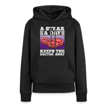 Drôle de carnivore Un steak par jour éloigne Doc - Sweat à capuche Premium bio Femme - noir - Devant - Julia (174cm)
