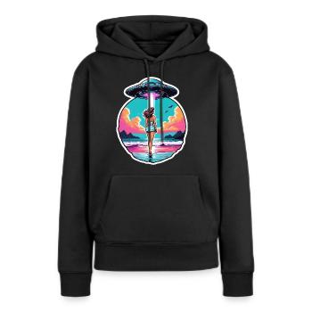 Woman at the shore walking towards a UFO. - Women’s Premium Organic Hoodie - black - Front - Julia (174cm)
