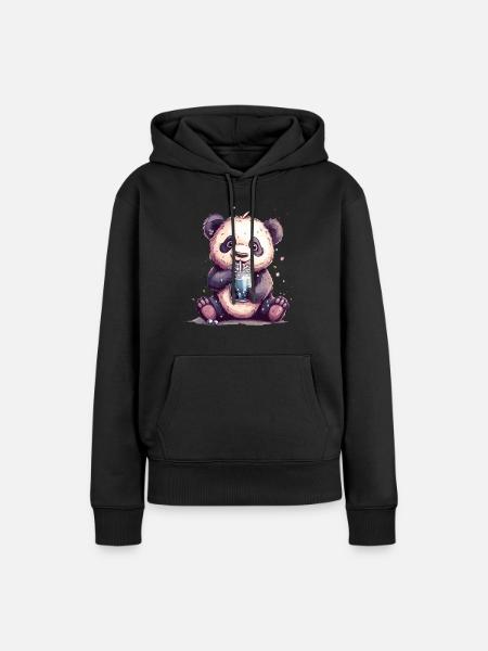 Niedlicher Panda mit Tee - Frauen Premium Bio Hoodie - Schwarz