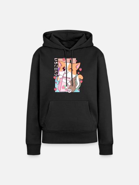 Leuke Japanse Kawaii Kat Aardbei Milk Shake Nek - Dame Premium hoodie, økologisk bomuld - sort