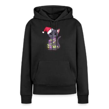 Chat noir mignon portant le chapeau de père Noël, lumières de Noël - Sweat à capuche Premium bio Femme - noir - Devant - Julia (174cm)