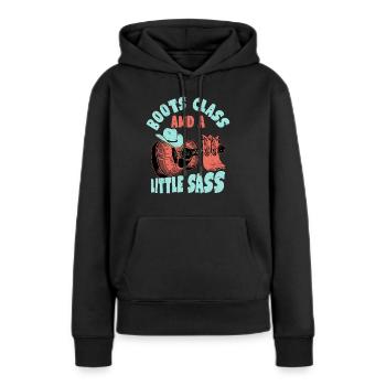 Des bottes, de la classe et un peu d’audace dans le pays de l’Ouest Mu - Sweat à capuche Premium bio Femme - noir - Devant - Julia (174cm)