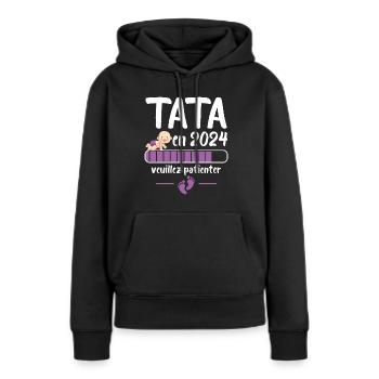 Cadeau Tata Annonce Grossesse Future Tante 2024 - Sweat à capuche Premium bio Femme - noir - Devant - Julia (174cm)