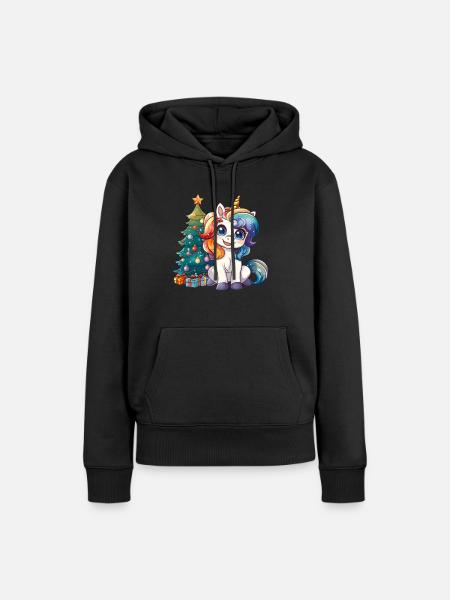 Einhorn Weihnachtsbaum Kawaii - Frauen Premium Bio Hoodie - Schwarz