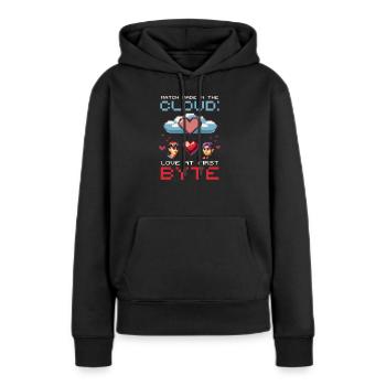 Geek-Liebespaarung in der Cloud – Liebe auf dem ersten Byte - Frauen Premium Bio Hoodie - Schwarz - Vorne - Julia (174cm)