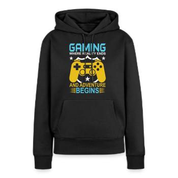 Gaming: Wo die Realität endet und das Abenteuer beginnt. - Frauen Premium Bio Hoodie - Schwarz - Vorne - Julia (174cm)