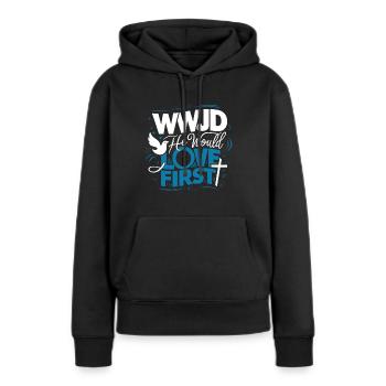 WWJD HWLF Jésus aimerait d’abord chrétien - Sweat à capuche Premium bio Femme - noir - Devant - Julia (174cm)