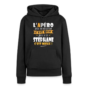 Stéphane Apero T shirt Humour prénom stéphane - Sweat à capuche Premium bio Femme - noir - Devant - Julia (174cm)