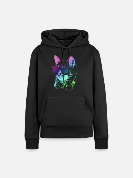DJ Cat In Neon Lights - Frauen Premium Bio Hoodie - Schwarz