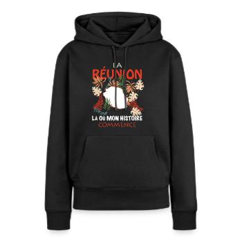 La Réunion La Où Mon Histoire Commence Cadeau - Sweat à capuche Premium bio Femme - noir - Devant - Julia (174cm)