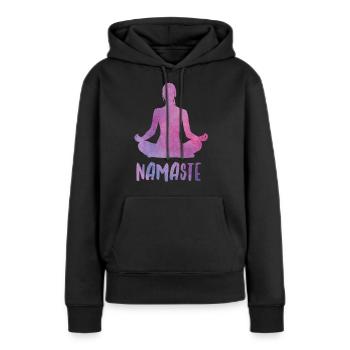 Yoga Silhouette mit Namaste Schriftzug - Frauen Premium Bio Hoodie - Schwarz - Vorne - Julia (174cm)