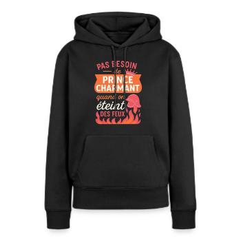 Pas besoin de prince charmant – Femme pompier. - Sweat à capuche Premium bio Femme - noir - Devant - Julia (174cm)