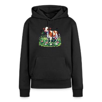PixelArt Vache heureuse - Sweat à capuche Premium bio Femme - noir - Devant - Julia (174cm)