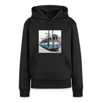 tramway bleu / blanc moderniste d’Amsterdam dessiné à la main - Sweat à capuche Premium bio Femme - noir - Devant - Julia (174cm)