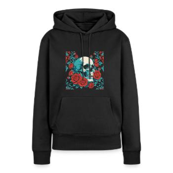 Retro Totenkopf mit roten Rosen Design - Frauen Premium Bio Hoodie - Schwarz - Vorne - Julia (174cm)