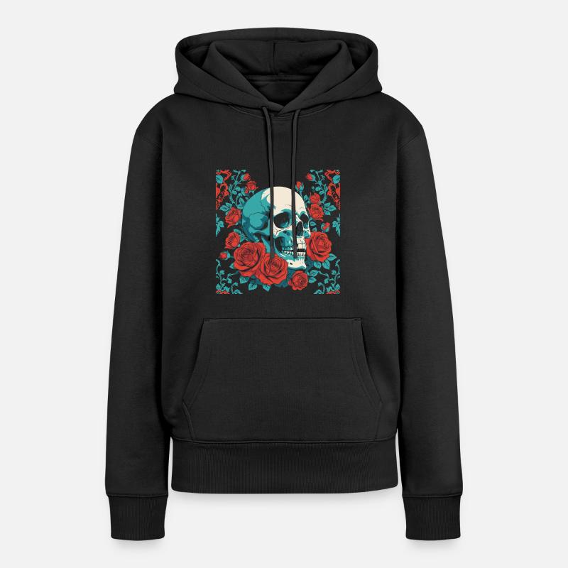 retro skull with red roses design - Women’s Premium Organic Hoodie - black