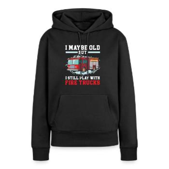 Ich bin vielleicht alt, aber ich spiele immer noch Wth Feuerwehrautos - Frauen Premium Bio Hoodie - Schwarz - Vorne - Julia (174cm)