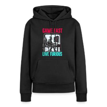 Speedrunning Joueur de jeux vidéo Gamer Gaming - Sweat à capuche Premium bio Femme - noir - Devant - Julia (174cm)