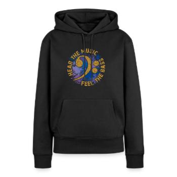 Sentez les basses. Clef de fa - Sweat à capuche Premium bio Femme - noir - Devant - Julia (174cm)