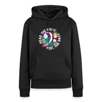 Sentez les basses. Clef de fa - Sweat à capuche Premium bio Femme - noir - Devant - Julia (174cm)