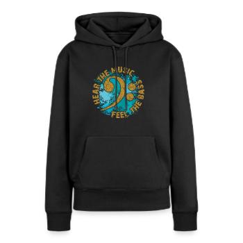 Sentez les basses. Clef de fa - Sweat à capuche Premium bio Femme - noir - Devant - Julia (174cm)