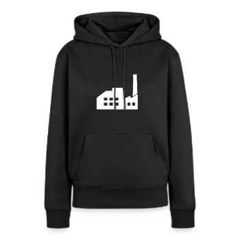 Eine weiße Fabrik im Industriegebiet - Frauen Premium Bio Hoodie - Schwarz - Vorne - Julia (174cm)