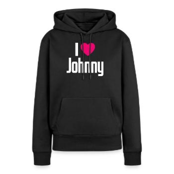 J’aime Johnny Coeur rose J’aime Johnny - Sweat à capuche Premium bio Femme - noir - Devant - Julia (174cm)