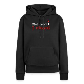 Point-virgule : rebondissement : je suis resté point-virgule - Sweat à capuche Premium bio Femme - noir - Devant - Julia (174cm)