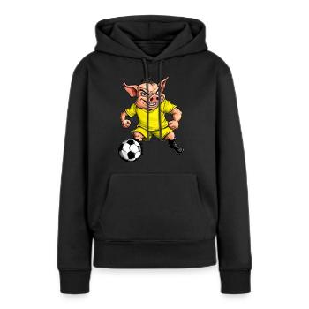 Schweinchen Fussball / gelbes Schweinchen - Frauen Premium Bio Hoodie - Schwarz - Vorne - Julia (174cm)