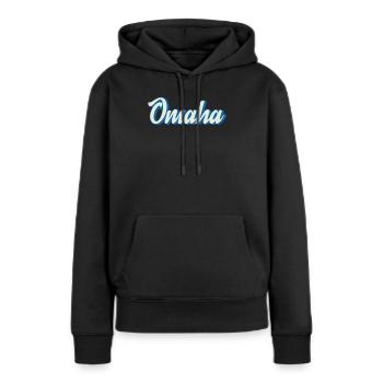 Lettrage Omaha en bleu rétro - Sweat à capuche Premium bio Femme - noir - Devant - Julia (174cm)