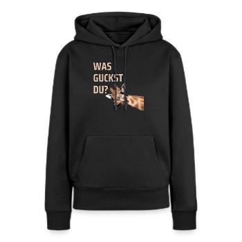 WAS GUCKST DU? - Frauen Premium Bio Hoodie - Schwarz - Vorne - Julia (174cm)