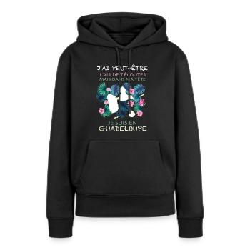 Humour message Guadeloupe - Sweat à capuche Premium bio Femme - noir - Devant - Julia (174cm)