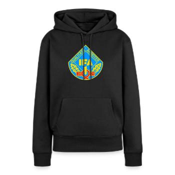 IFA Qualitätsarbeiter Q1 2021 DDR Auszeichnung - Frauen Premium Bio Hoodie - Schwarz - Vorne - Julia (174cm)