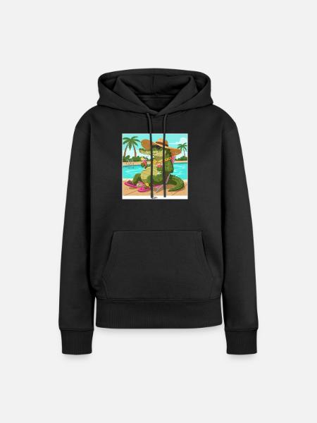 Krokodil am Pool mit Longdrink - Frauen Premium Bio Hoodie - Schwarz