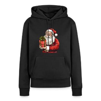 Knuffiger Weihnachtsmann mit Weihnachtsgeschenk - Frauen Premium Bio Hoodie - Schwarz - Vorne - Julia (174cm)