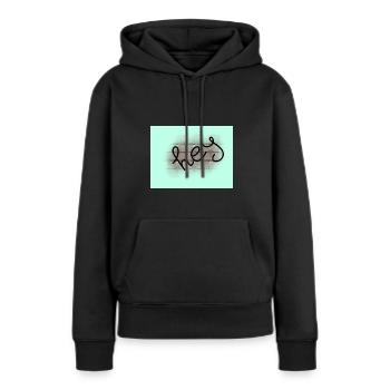 "hey" - Frauen Premium Bio Hoodie - Schwarz - Vorne - Julia (174cm)